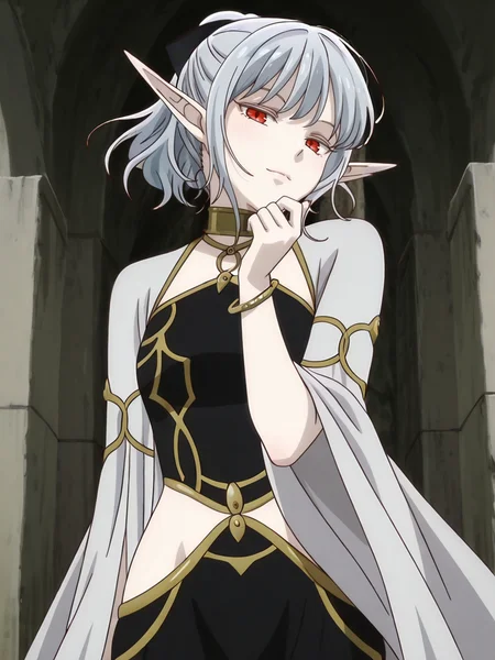 32k, Super-Resolution, <lora:illustrious_quality_modifiers_masterpieces_v1:1> masterpiece, (very aesthetic:1.2), absurdres, Digital Art, lazypos, body blush, 16-bit RGB, Artwork,(detailed:1.3) , <lora:StS-Illustrious-Detail-Slider-v1.0:4>, (dynamic pose:1.2),(mature female:1.2),cowboy shot, <lora:anime_screencap:1> anime screencap, anime coloring,
BREAK, looking at viewer, light smile,black bow, hair bow,
BREAK, <lora:atou_r1:1>,atou, long pointy ears,short hair, silver hair, bangs, red eyes,elf, anime screenshot, pale skin, short ponytail,small breasts,atouDress, black bow, hair bow, gold choker, cleavage, white long sleeves,white cape, black dress,sleeveless dress, hip vent, groin, jewelry, bracelet, (seductive pose:1.4)
