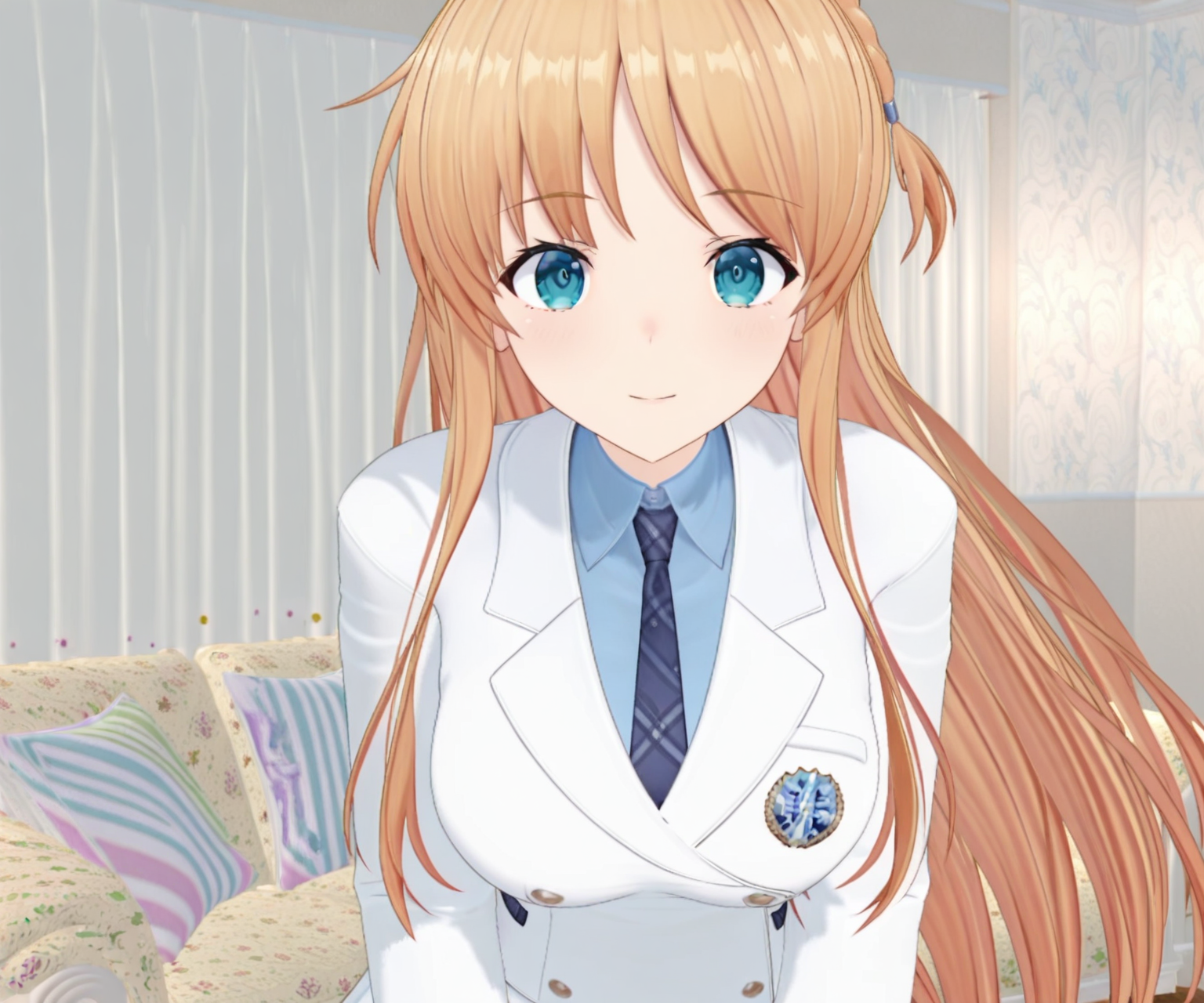 masterpiece, best quality, amazing quality, sfw, 1girl, solo, , looking at viewer,   <lora:Tanshouin_Hiina_ILL:1>  tanshouinhiina, 3d, white jacket, white skirt necktie,  shirt, long hair, blonde hair, blue eyes,