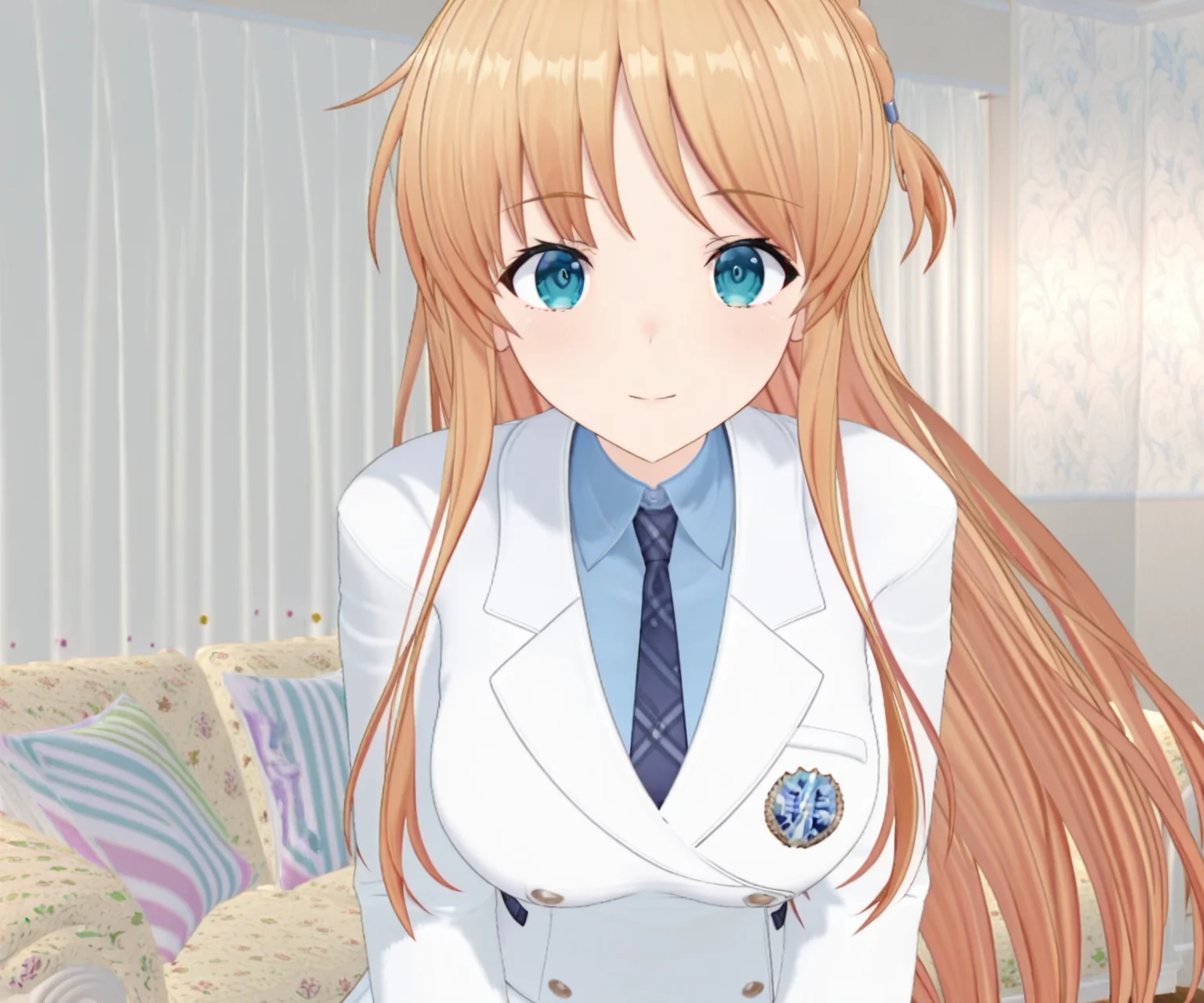 masterpiece, best quality, amazing quality, sfw, 1girl, solo, , looking at viewer,   <lora:Tanshouin_Hiina_ILL:1>  tanshouinhiina, 3d, white jacket, white skirt necktie,  shirt, long hair, blonde hair, blue eyes,
