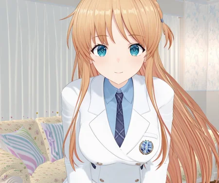 masterpiece, best quality, amazing quality, sfw, 1girl, solo, , looking at viewer,   <lora:Tanshouin_Hiina_ILL:1>  tanshouinhiina, 3d, white jacket, white skirt necktie,  shirt, long hair, blonde hair, blue eyes,