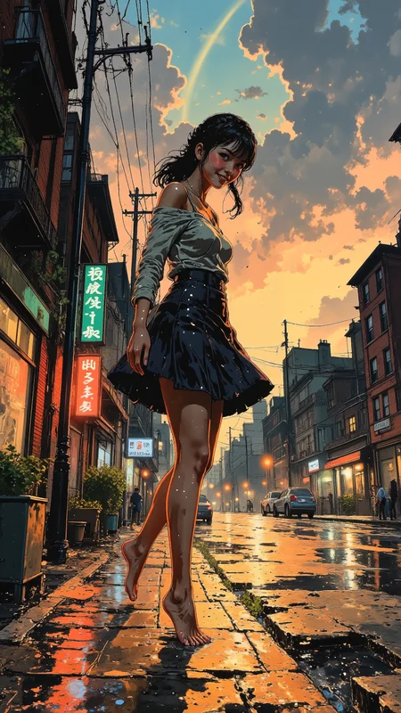 High-resolution anime-style illustration with painterly textures, cinematic post-rain lighting, and a dreamy, nostalgic atmosphere. A young woman playfully balances barefoot on the edge of a cobblestone sidewalk, her other foot kicking up tiny droplets from a shallow puddle. Her dark brown hair is styled into a loose, braided updo, strands falling gently around her face as she smiles with quiet joy. She wears a lightweight, off-shoulder sweater that drapes over one arm, paired with a flowing, high-waisted skirt that catches the breeze. Golden sunset light filters through lingering storm clouds, casting soft pastels across the damp streets. The wet pavement reflects the glow of nearby street lamps and neon signs, creating a hazy, ethereal atmosphere. Raindrops still cling to the leaves of passing trees, and in the distance, a faint rainbow arcs across the sky <lora:illustration:0.5> <lora:Vibrantly_Dark_style_v.1:0.7000000000000001> <lora:Vintage_comic_book:0.8>