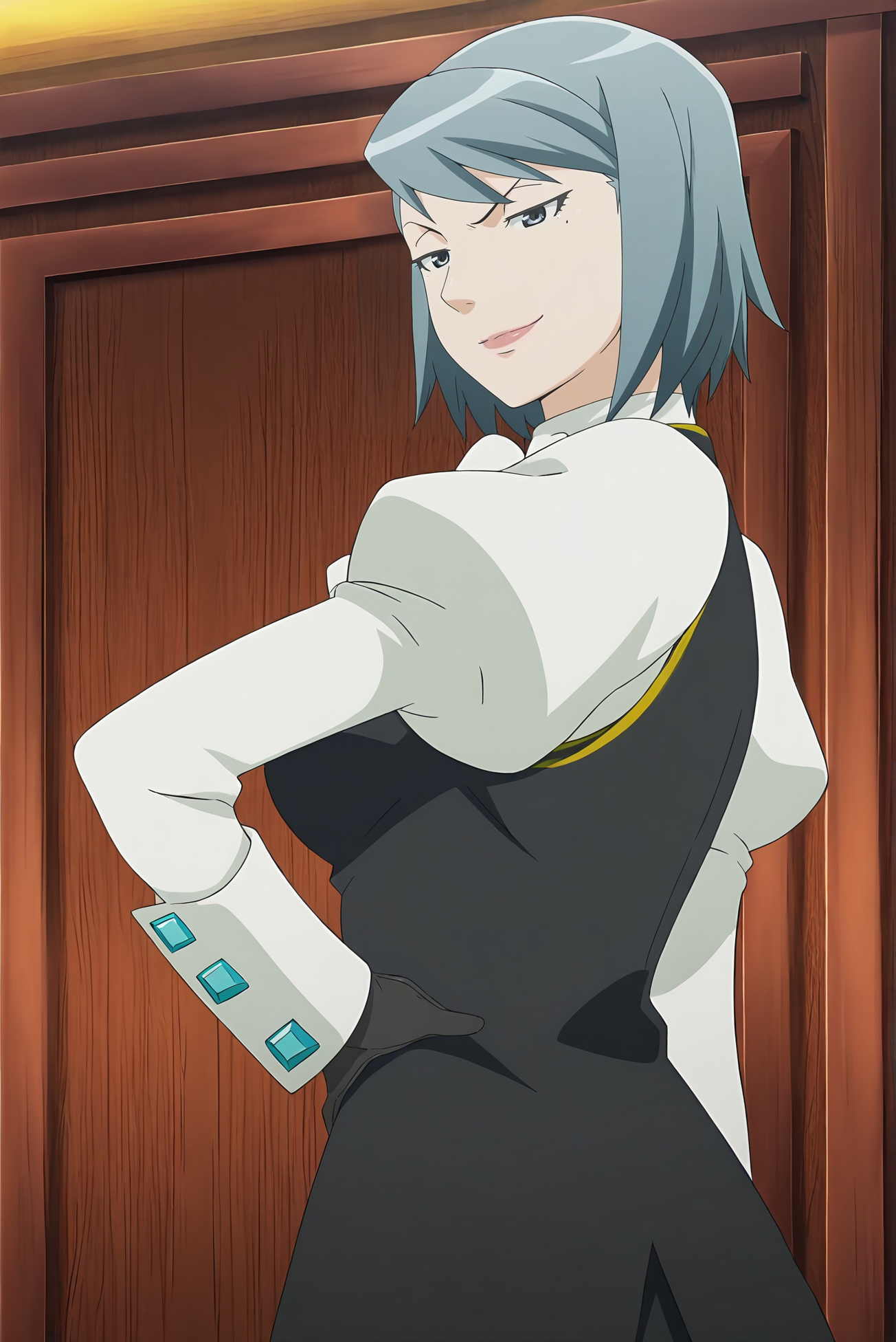 anime screencap,anime coloring,detailed face,masterpiece,best quality,very aesthetic,absurdres,amazing quality,ultra detailed,highres,amazing quality,scenery,beautiful detailed hair,beautiful detailed eyes,official anime artwork,<lora:Franziska von Karma-IL V1:1>,Franziska von Karma,1girl,solo,blue hair,vest,puffy sleeves,mole under eye,short hair,juliet sleeves,long sleeves,jewelry,gloves,white shirt,grey eyes,smug,naughty_face,upper body,