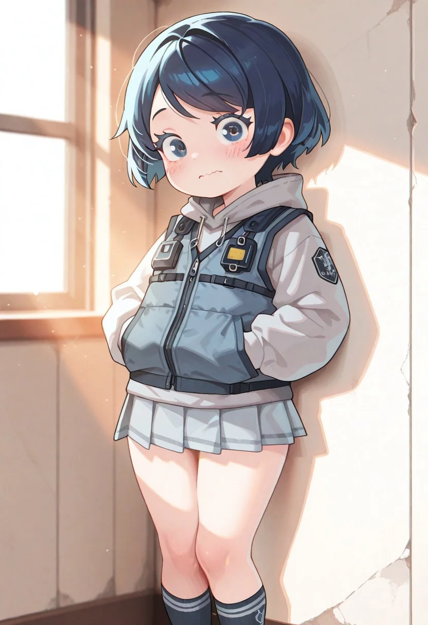 score_9, score_8_up, score_8, highly detailed, masterpiece, source_anime, cinematic light, hyper cute style, cinematic lighting, depth of field, volumetric lighting, highres, absurdres, soft pastel colors. realistic, highs details, depth of field, intricate details, (hyperdetailed), high detail, best quality, very aesthetic BREAK 1girl, solo, blue down vest, extremely detailed face, detailed eyes, detailed eyelashes, (petite body), blush, short hair, swept bangs, closed mouth, black hair, dark-blue hair, wavy mouth, blue down vest, standing, lean against the wall, pleated skirt, grey hoody, thighs, hands in pocket, socks, indoor, white wall, white room, window, sunlight, from bit side, looking at viewer, knees together, masterpiece, best quality, absurdres, 8k, ultra detailed, aesthetic, very aesthetic, newest.