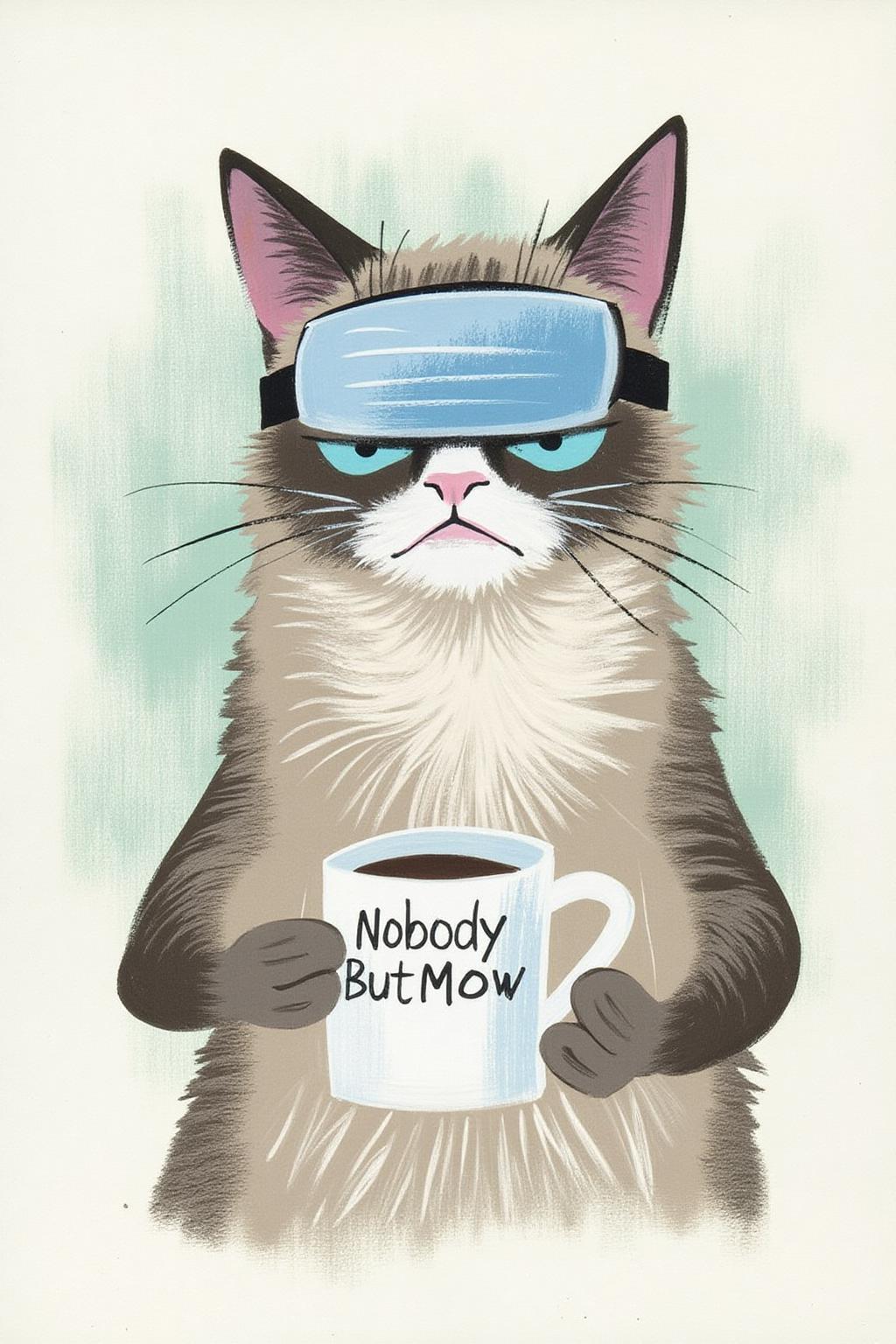 maryblair1 illustration.
Grumpy Cat holding a coffee mug, wearing a VR Headset. The mug has the phrase "NobodyButMeow" printed <lora:maryblair2_cap_d8a4:1.0><lora:846206697597954686:0>