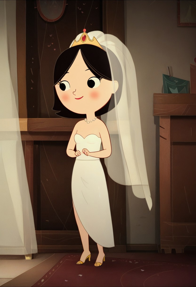 zPDXL3, source_cartoon, Perfect Hands, full body, 1girl, solo, saoirse, black hair, black eyes, blush, short hair, smile, Red Lipstick Full body, barefoot, Perfect Hands, perfect barefoot, perfect Small flat chest natural breasts; Wedding dress, Wedding veil, Golden tiara, white high heels sandals, indoors,  (white backbround:1.3)