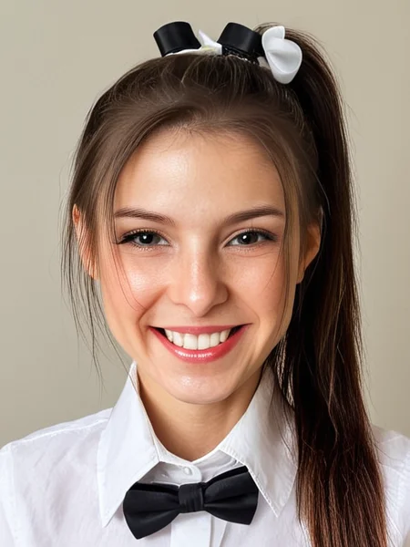 realistic skin, svgracie, face details, lips, grin, perfect teeth, skin details looking at viewer,  ((cute)) high ponytail, collared shirt, bowtie, silk tophat