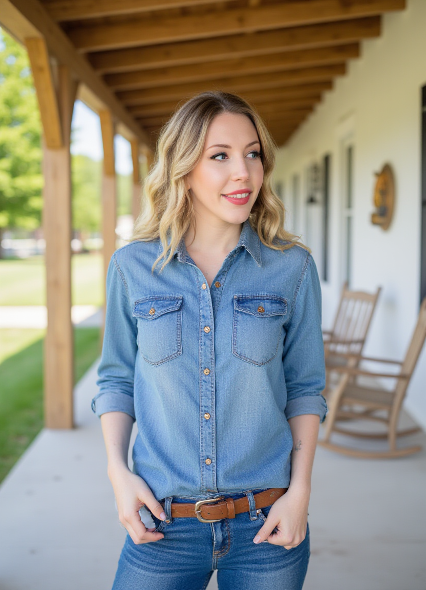 SFW, The image is a portrait of a woman standing on a porch with a wooden pergola. She is wearing a denim shirt with a button-down collar and blue jeans. She has a brown belt around her waist and her hands are in her pockets. The woman has e hair styled in loose waves and is looking off to the side with a slight smile on her face. In the background, there is a wooden rocking chair and a white wall with a window. The sky is blue and the grass is green, suggesting that the photo was taken during the day., aidmaimageupgrader<lora:flux\custom\celebrity\katherine-ryan.safetensors:1.0:1.0> <lora:turbo-8-step-flux.safetensors:0.5:0.5> <lora:flux\style\Common\aidmaImageUprader-FLUX-v0.3.safetensors:0.25:0.25>