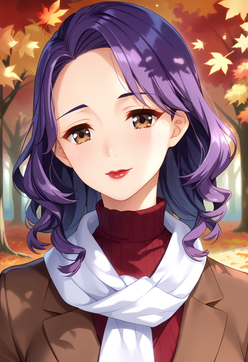 core_9, score_8_up, score_7_up,Yayy,1girl,brown eyes,close-up,mature woman,purple hair,burgundy turtleneck,white scarf ,looking at viewer,autumn, <lora:Yayy044v:1>