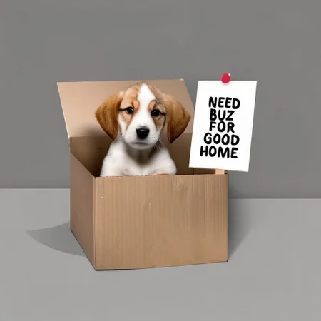 sad puppy in box with a sign saying "Need buz for good home"