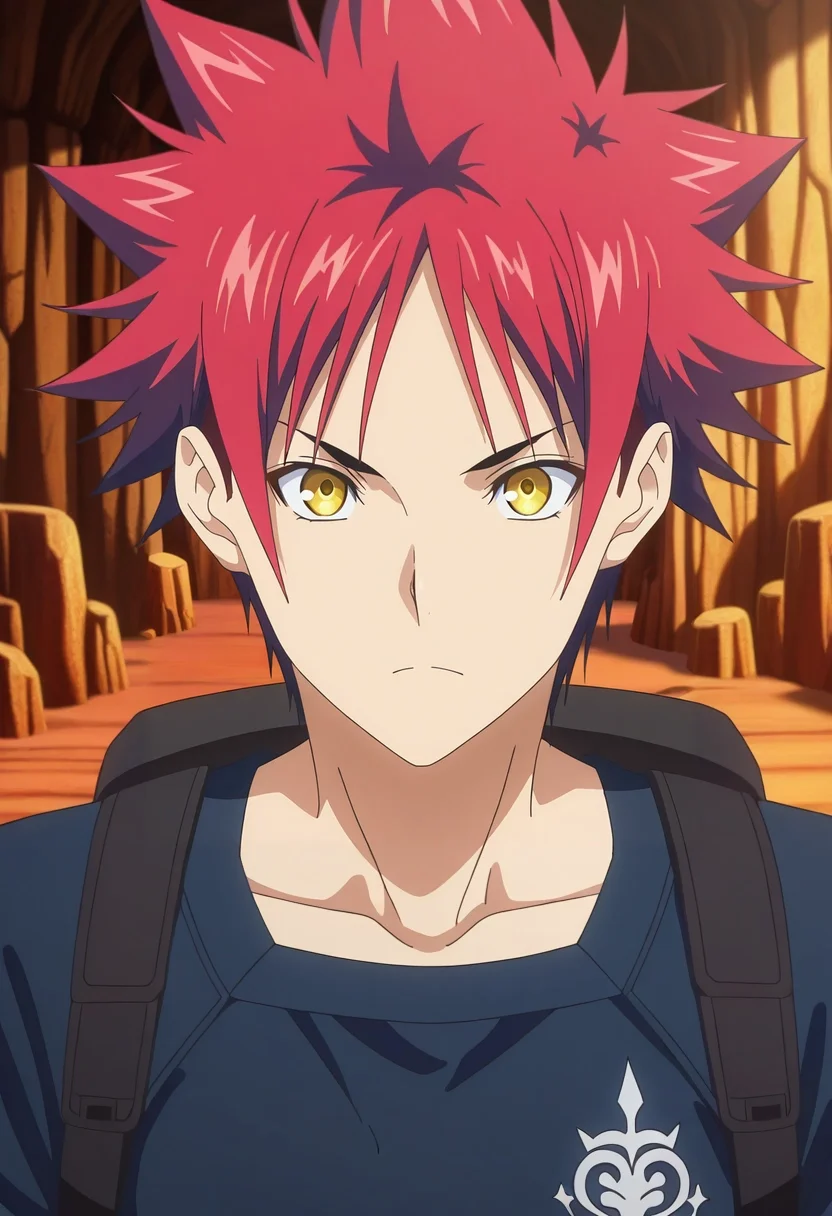 masterpiece, best quality, , anime screencap, anime coloring, official style, , 1boy, solo, male focus, <lora:souma_yukihira_ilxl:0.94>, souma_yukihira, red hair, yellow eyes, spiked hair, , crystal canyon, shimmering walls, glowing trails, gemstone crevices, hiking pose, adventurous expression, midday,