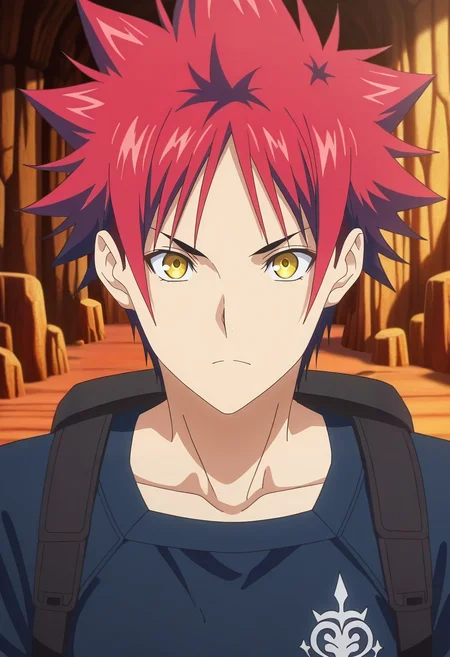 masterpiece, best quality, , anime screencap, anime coloring, official style, , 1boy, solo, male focus, <lora:souma_yukihira_ilxl:0.94>, souma_yukihira, red hair, yellow eyes, spiked hair, , crystal canyon, shimmering walls, glowing trails, gemstone crevices, hiking pose, adventurous expression, midday,