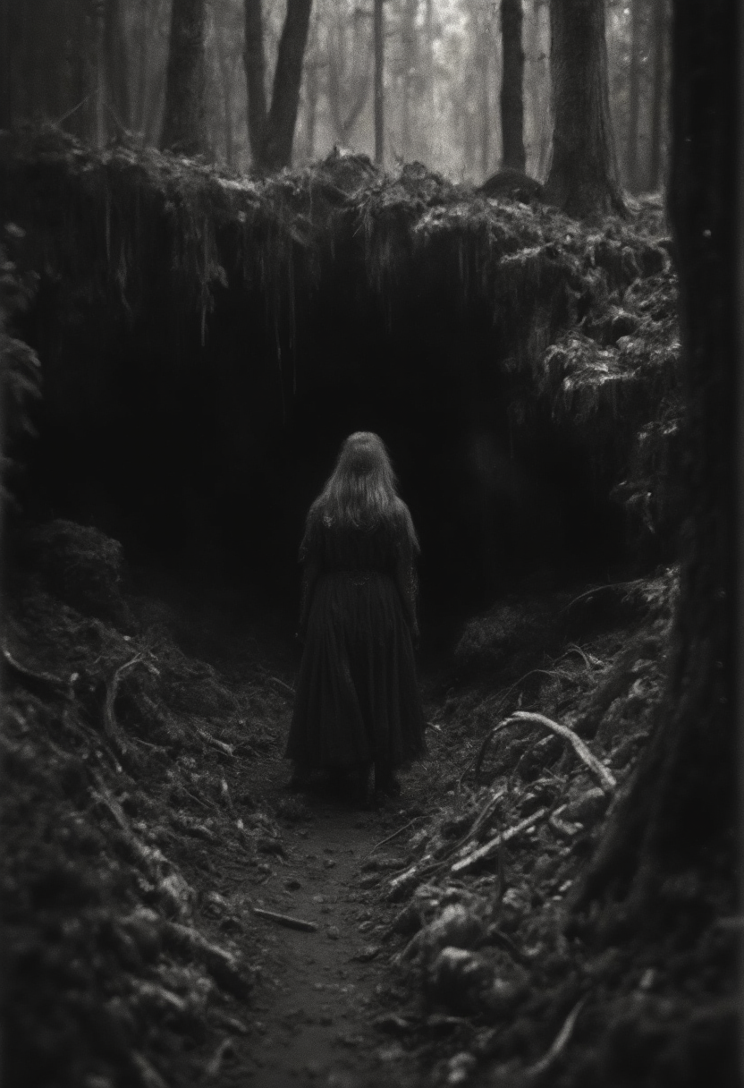 a grainy, film grain, (black and white photo:1.1), (old photo:1.1), blurry, distorted, photographic, dark, dark, sinister, horror, (a woman with a spider body, spider woman:1.1) emerging from a deep dark cave in a forest, horror, evil