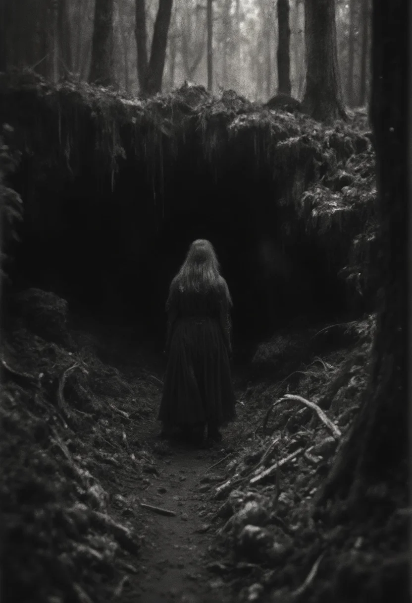 a grainy, film grain, (black and white photo:1.1), (old photo:1.1), blurry, distorted, photographic, dark, dark, sinister, horror, (a woman with a spider body, spider woman:1.1) emerging from a deep dark cave in a forest, horror, evil