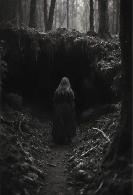 a grainy, film grain, (black and white photo:1.1), (old photo:1.1), blurry, distorted, photographic, dark, dark, sinister, horror, (a woman with a spider body, spider woman:1.1) emerging from a deep dark cave in a forest, horror, evil