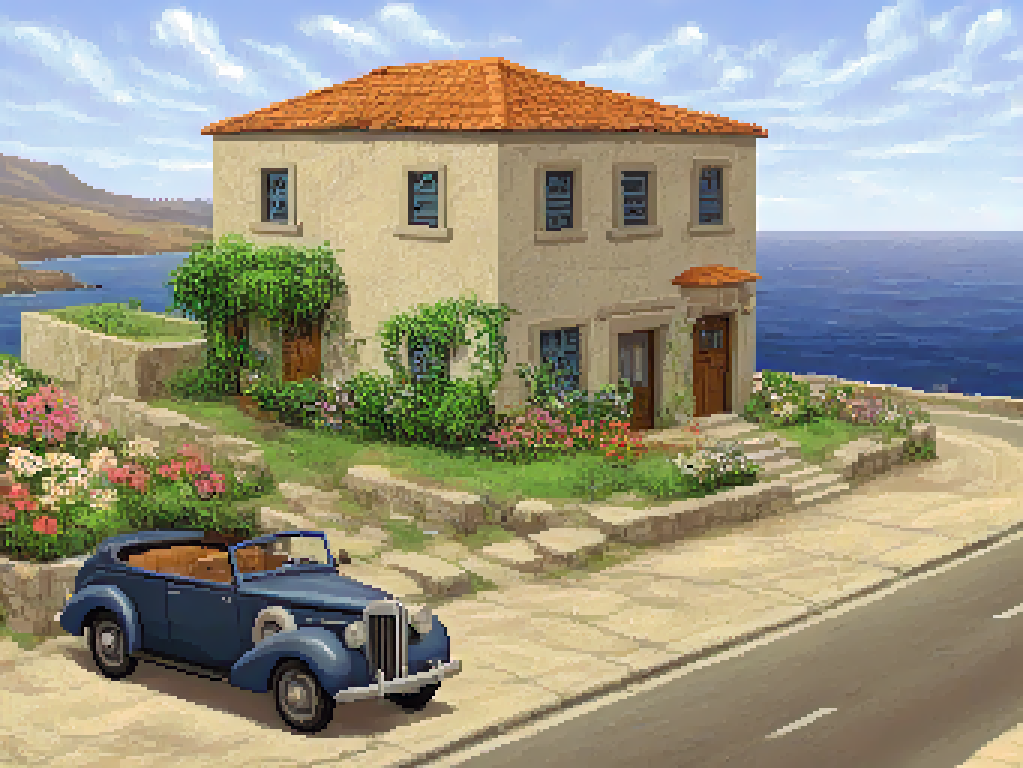lucasarts style,  a city in crete, house, grass, plants, flower box, road, vintage 1940s car, ocean <lora:lucasarts style:1.2>