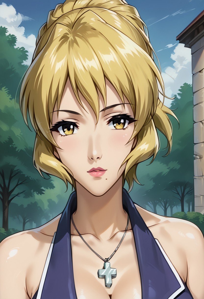 SCORE_9, SCORE_8_UP, SOURCE_ANIME, REALISTIC, CLOSE-UP, HEAD FOCUS, PORTRAIT, BREAK,1 FEMALE, MEGUMI WAKAO, BLONDE HAIR, AMBER EYES, MOLE UNDER MOUTH, SEDUCTIVE EXPRESSION, BLAZER DRESS, BARE SHOULDERS, ARMS, LARGE BREASTS, CLEAVAGE, CROSS NECKLACE, BREAK, OUTSIDE, AT PARK, BLUE SKY, SUNSHINE, HIGH RESOLUTION, VIVID TEXTURES