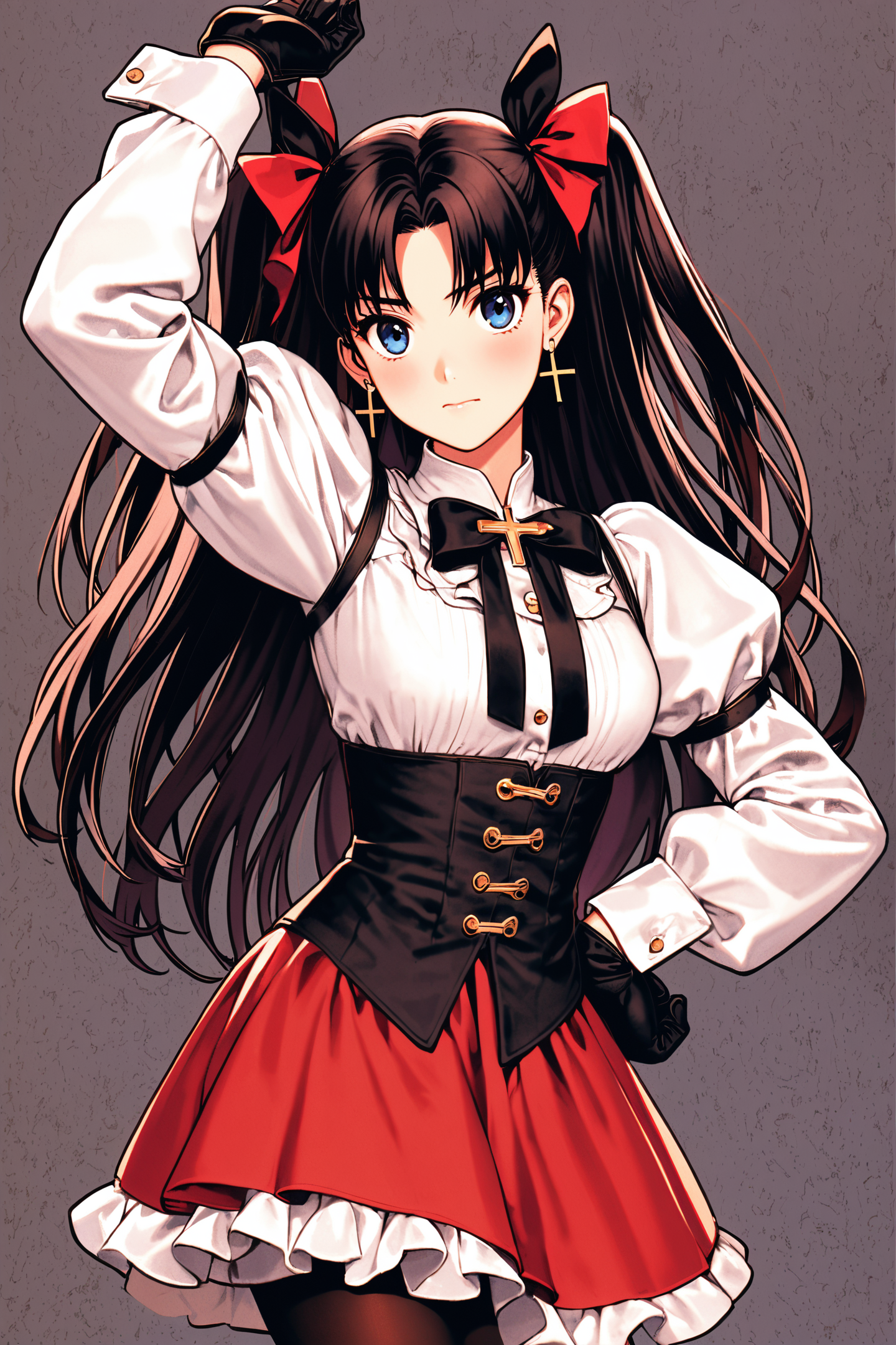 1girl,solo,long hair,earrings,jewelry,gloves,two side up,black hair,pantyhose,tohsaka rin,long sleeves,looking at viewer,cross,black gloves,bow,blue eyes,bangs,ribbon,black pantyhose,skirt,parted bangs,red bow,puffy sleeves,red skirt,blush,closed mouth,corset,breasts,arm up,hair ribbon,cowboy shot,hand on hip,bowtie,hair bow,frills,cross earrings,dress,shirt,white shirt,black ribbon,black bow,
<lora:shinkiro_XL_v2:0.8>,