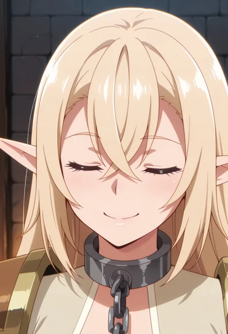 masterpiece,best quality,amazing quality, alisha, blonde hair, long hair, pointy ears, elf, metal collar, solo, closed eyes, smile, closed mouth, hair between eyes, 1girl, collar, chain