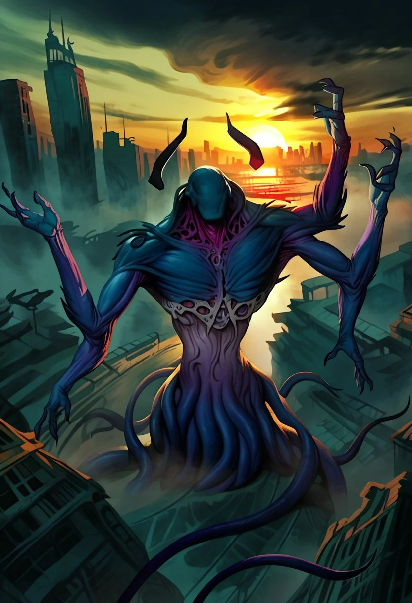 eldrazi, extra arms, tentacles, faceless, score_9, score_8_up, score_7_up, solo, rating_safe, high angle, cityspace, sunset, fog, overcast, giant