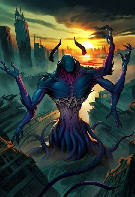 eldrazi, extra arms, tentacles, faceless, score_9, score_8_up, score_7_up, solo, rating_safe, high angle, cityspace, sunset, fog, overcast, giant