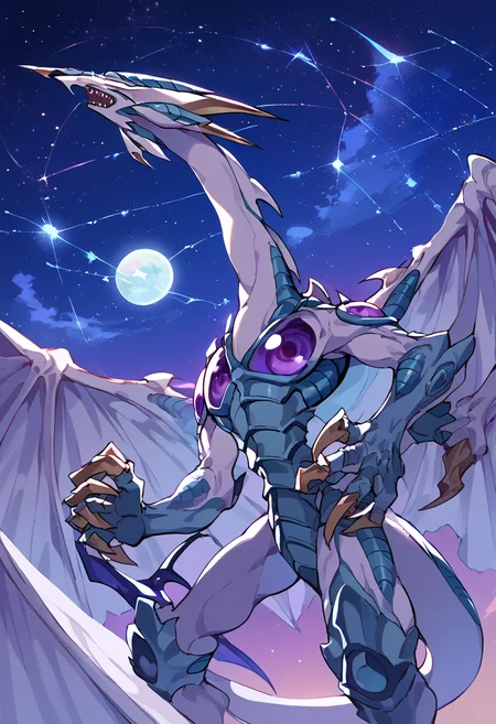 score_9,score_8_up,score_7_up,source_anime,zPDXL3,space,night,night sky,star (sky),sky,starry sky,galaxy, constellation,
*//*,<lora:StardustDragon_Pony:1>,stardustdragon_ygo,no humans,solo,duel monster,dragon,wings,tail,claws,horns,
*//*,looking at viewer,cowboy shot,dutch angle,