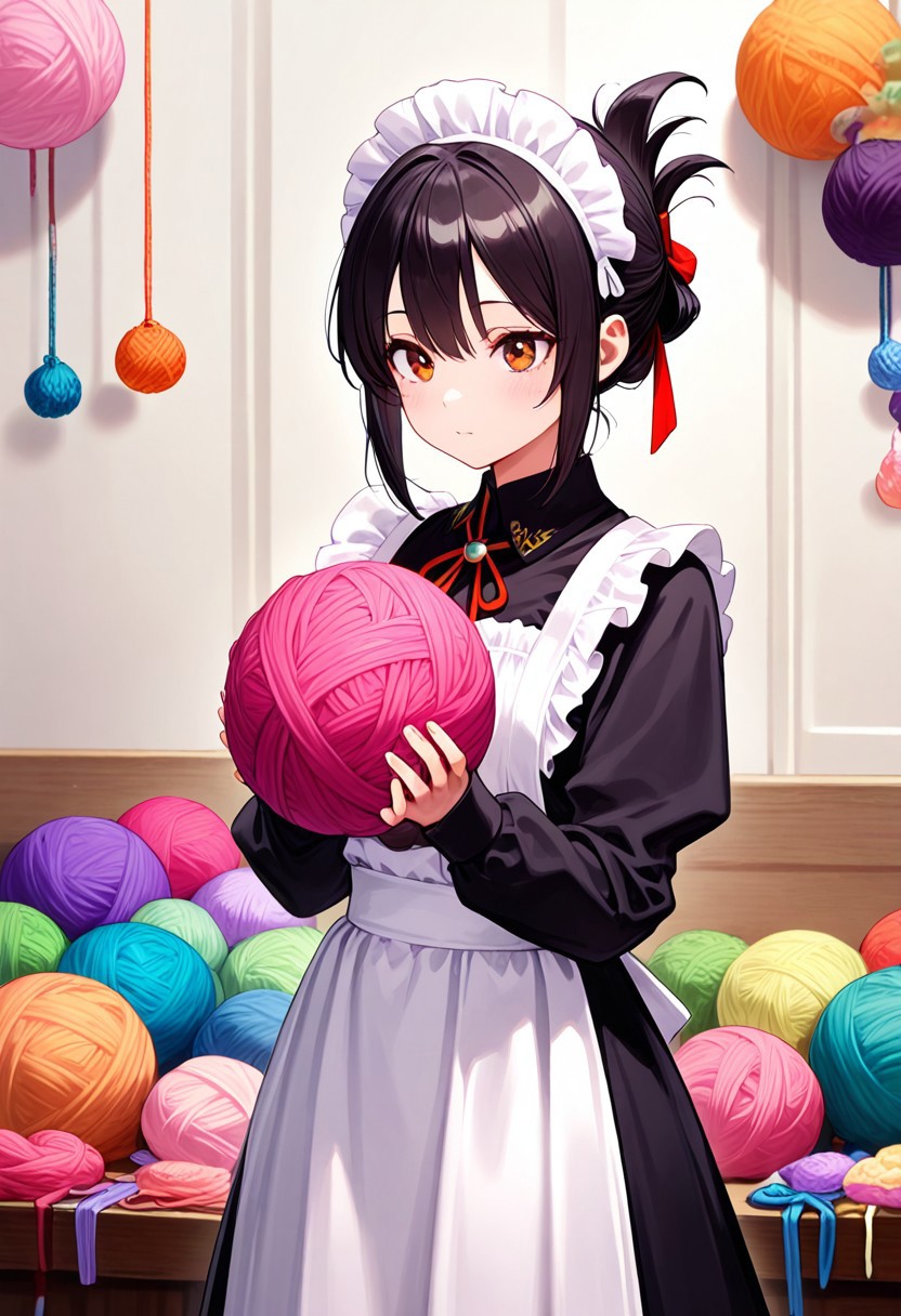 masterpiece, very aesthetic, absurdres, newest,  Yarnworld, 1girl, cowboy shot, maid, black dress, long dress, white apron, maid headdress, black hair, folded ponytail, holding up a large ball of yarn , lots of ball of yarn, ball of yarn background, <lora:Challenge_Winnifier:1> <lora:Yarnworld-000017:1>