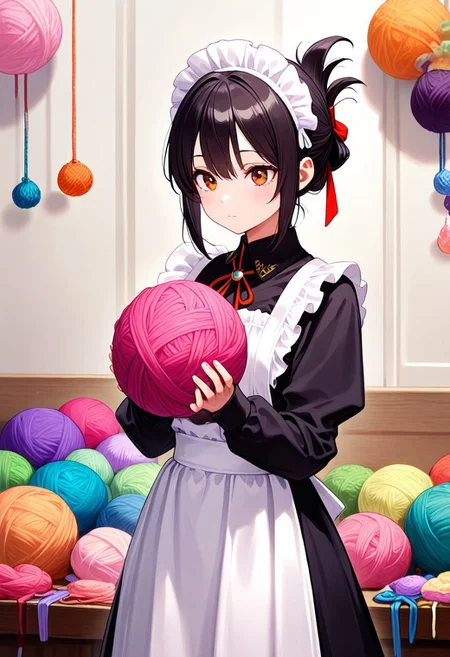 masterpiece, very aesthetic, absurdres, newest,  Yarnworld, 1girl, cowboy shot, maid, black dress, long dress, white apron, maid headdress, black hair, folded ponytail, holding up a large ball of yarn , lots of ball of yarn, ball of yarn background, <lora:Challenge_Winnifier:1> <lora:Yarnworld-000017:1>
