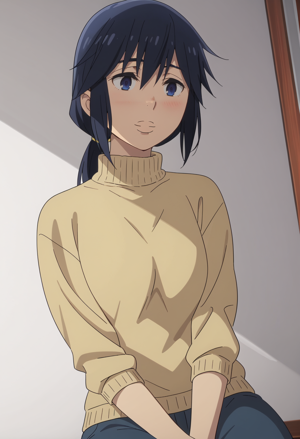 score_9, score_8_up, score_7_up, source_anime, BREAK white background, 1girl, solo,  <lora:DX888Sachiko:1> fujinuma sachiko, mature female ,blue eyes, blue hair,  low ponytail, turtleneck sweater, shy. blush, light smile,  dutch angle,  sitting,