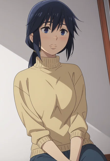 score_9, score_8_up, score_7_up, source_anime, BREAK white background, 1girl, solo,  <lora:DX888Sachiko:1> fujinuma sachiko, mature female ,blue eyes, blue hair,  low ponytail, turtleneck sweater, shy. blush, light smile,  dutch angle,  sitting,