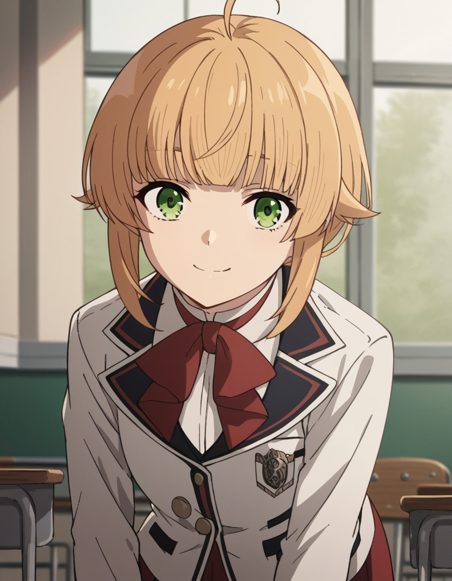 score_9, score_8_up, score_7_up, source_anime,
norngreyrat, <lora:norn-greyrat-s2-ponyxl-lora-nochekaiser:1>,
norn greyrat, bangs, blonde hair, green eyes, ahoge,
long sleeves, bow, school uniform, jacket, bowtie, red bow, skirt, red skirt, white jacket,
indoors, classroom, bent over, smile,
solo, dutch angle, looking at viewer, cowboy shot,