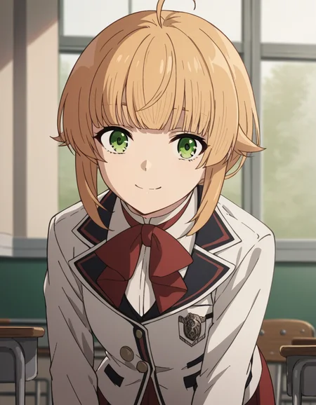 score_9, score_8_up, score_7_up, source_anime,
norngreyrat, <lora:norn-greyrat-s2-ponyxl-lora-nochekaiser:1>,
norn greyrat, bangs, blonde hair, green eyes, ahoge,
long sleeves, bow, school uniform, jacket, bowtie, red bow, skirt, red skirt, white jacket,
indoors, classroom, bent over, smile,
solo, dutch angle, looking at viewer, cowboy shot,
