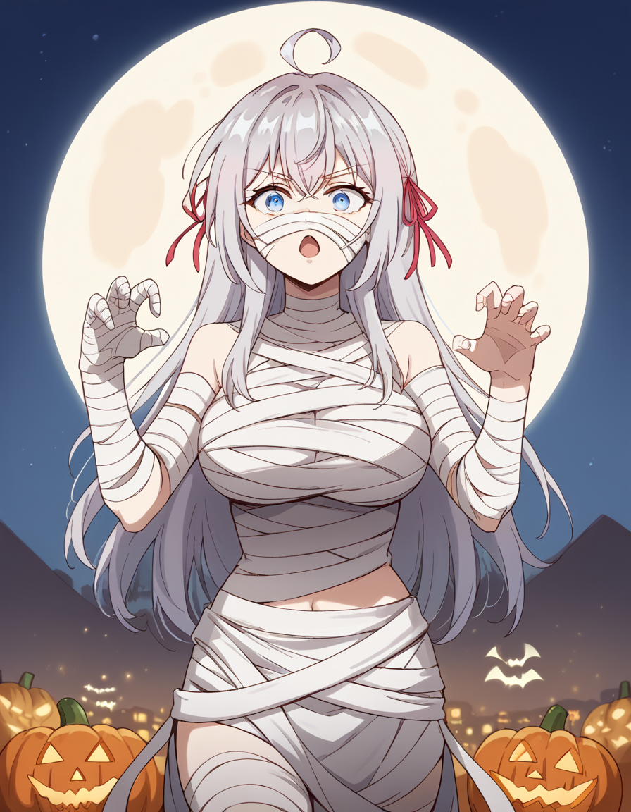 score_9, score_8_up, score_7_up, source_anime, alisamikhailovnakujou, <lora:alisa-mikhailovna-kujou-s1-ponyxl-lora-nochekaiser:1>, alisa mikhailovna kujou, long hair, bangs, blue eyes, hair ribbon, ahoge, grey hair, red ribbon, large breasts,, <lora:mummy-costume-ponyxl-lora-nochekaiser:1>, mummy costume, bandages, halloween costume, bandaged arm, zombie pose, bandage on face,, desert, moon, night, open mouth,, cowboy shot