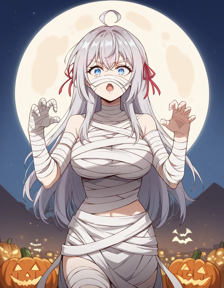 score_9, score_8_up, score_7_up, source_anime, alisamikhailovnakujou, <lora:alisa-mikhailovna-kujou-s1-ponyxl-lora-nochekaiser:1>, alisa mikhailovna kujou, long hair, bangs, blue eyes, hair ribbon, ahoge, grey hair, red ribbon, large breasts,, <lora:mummy-costume-ponyxl-lora-nochekaiser:1>, mummy costume, bandages, halloween costume, bandaged arm, zombie pose, bandage on face,, desert, moon, night, open mouth,, cowboy shot