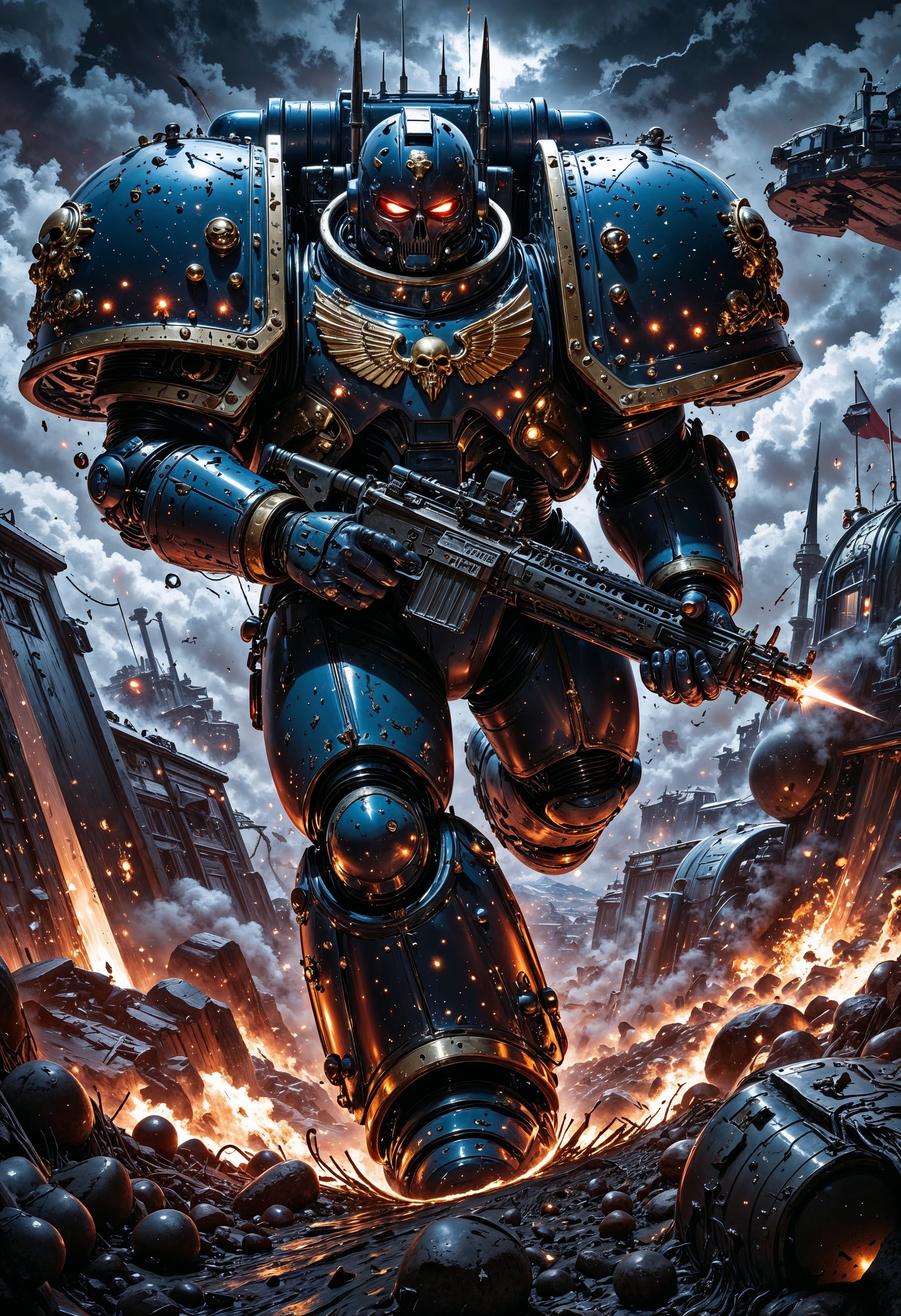 NightL40K, large space marine jumping from a plane while holding a machine gun, explosions in the background, epic action scene, movie still,  <lora:FluxNightL40K:1>  <lora:aidmaGLOWV4wc:0.5> aidmaGlow <lora:aidmaMJ6.1:0.5> aidmaMJ6.1 <lora:fluxenhancer:0.5>