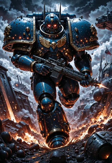 NightL40K, large space marine jumping from a plane while holding a machine gun, explosions in the background, epic action scene, movie still, <lora:FluxNightL40K:1> <lora:aidmaGLOWV4wc:0.5> aidmaGlow <lora:aidmaMJ6.1:0.5> aidmaMJ6.1 <lora:fluxenhancer:0.5>