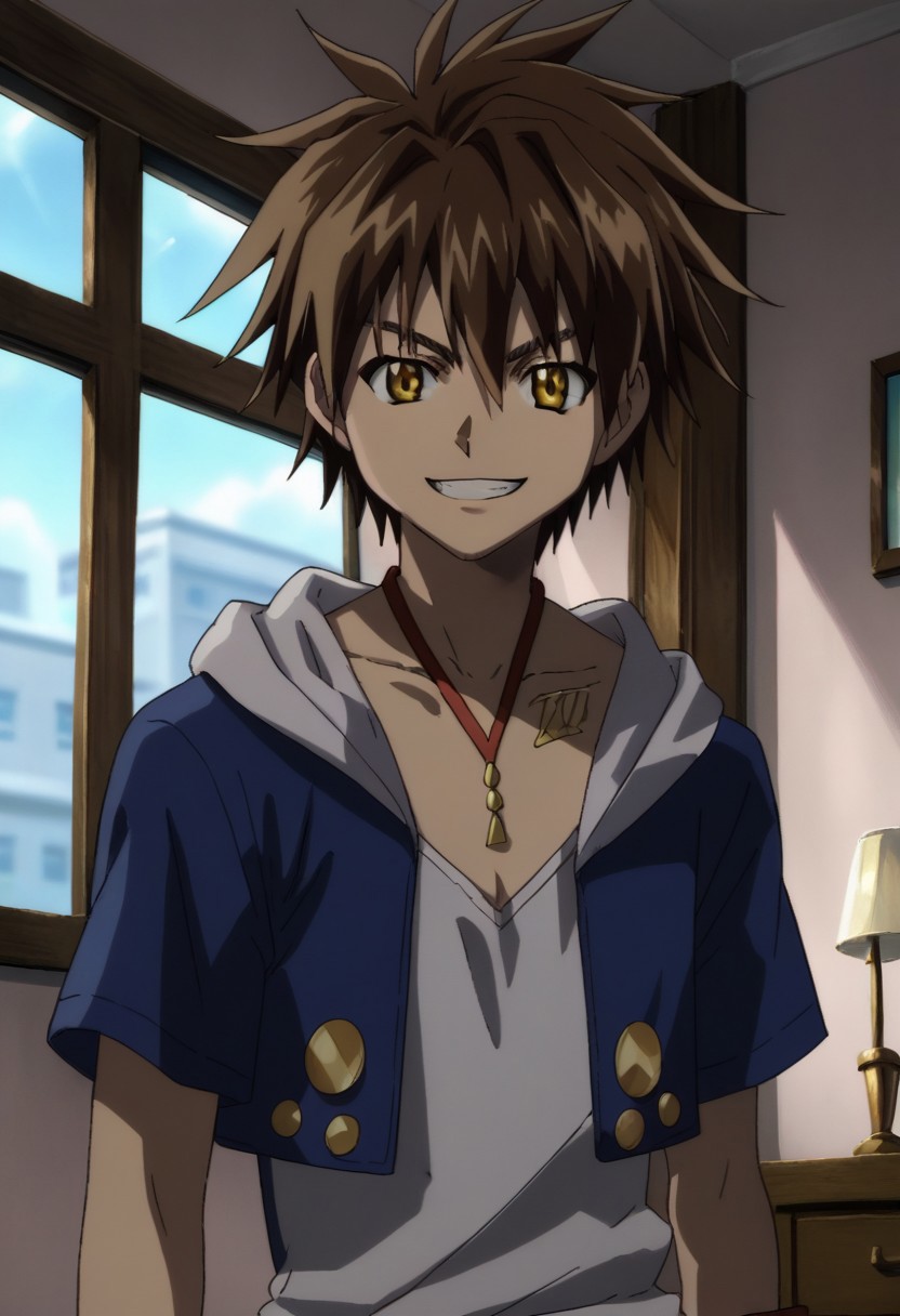 score_9, score_8_up, score_7_up, source_anime, highly detailed, 
TraiHeay, 1boy, male focus, solo, brown hair, hood, hoodie, window, jewelry, brown eyes, yellow eyes, necklace,
looking at viewer, upper body, open hoodie, white shirt, gloves, fingerless gloves, brown gloves, smile, grin,