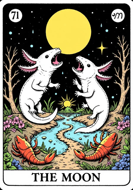 axolotl, a tarot card in the style of ck-tc featuring, A tarot card with the text "The Moon," two axolotls howling at the moon, a large moon with a face, a path leading off, a pool of water, a crayfish.<lora:ck-tarot-000015.safetensors:1.0:1.0> <lora:Axomodel_Flux_V1.1.safetensors:1:1>