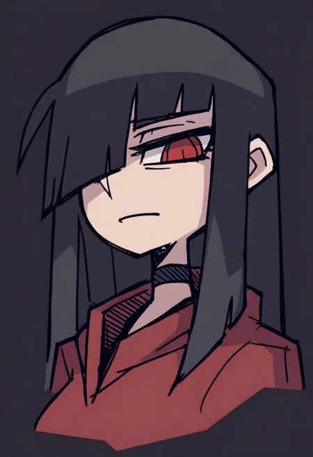 dybmw/hf, [(khyle.:0.1)::0.1],  (score_9, score_8_up, score_7_up), 1girl, 20 years old, black hair, slim, straight hair, blunt bangs, hair over one eye, long hair, red eyes, choker, (bored eyes:0.9), scornful look, face, neck, portrait, close up, extreme closeup, black background, low poly,
, <lora:NOOB_EPSv1_1_detailer_by_vlnvk_v0_5:1>
 ,<lora:ae¾a°c±æa¦¹cc»e£0.1cæ¬XL:1>