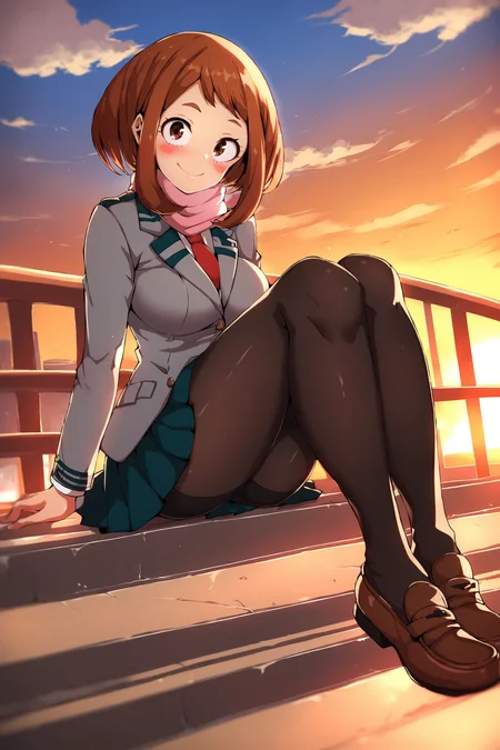 score_9, score_8_up, score_7_up, score_6_up, score_5_up, score_4_up, anime, source anime, theobrobinexl, dynamic angle, skindentation, deep skin, depth of field,
BREAK
uraraka ochako, boku no hero academia, 1girl, solo, pantyhose, brown hair, scarf, u.a. school uniform, school uniform, skirt, necktie, sitting, brown eyes, smile, red necktie, jacket, outdoors, loafers, shoes, grey jacket, pink scarf, looking at viewer, brown footwear, pleated skirt, black pantyhose, stairs, cloud, long sleeves, short hair, shirt, sky, blazer, white shirt, closed mouth, blush, full body, sitting on stairs, blue skirt, breasts, railing, sunset, miniskirt
<lora:Theobrobine_StyleXL370:1>