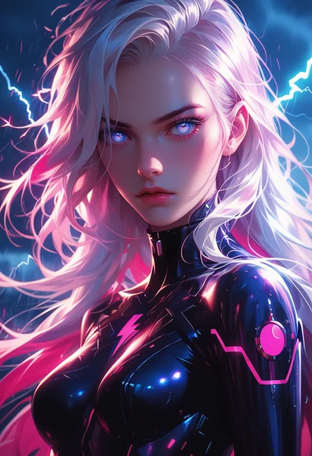score_9, score_8_up, score_7_up, score_6_up, score_5_up, DarkFantasy, colorful, dynamic angles, dynamic pose, uncensored, wide shot, 1 girl, ((long hair)), straight white hair, futuristic, pastel blue accents, glowing white eyes, vibrant, night, masterpiece, absurdes, best quality, g4n1m3, detailed, lightning, (((((half body portrait)))))