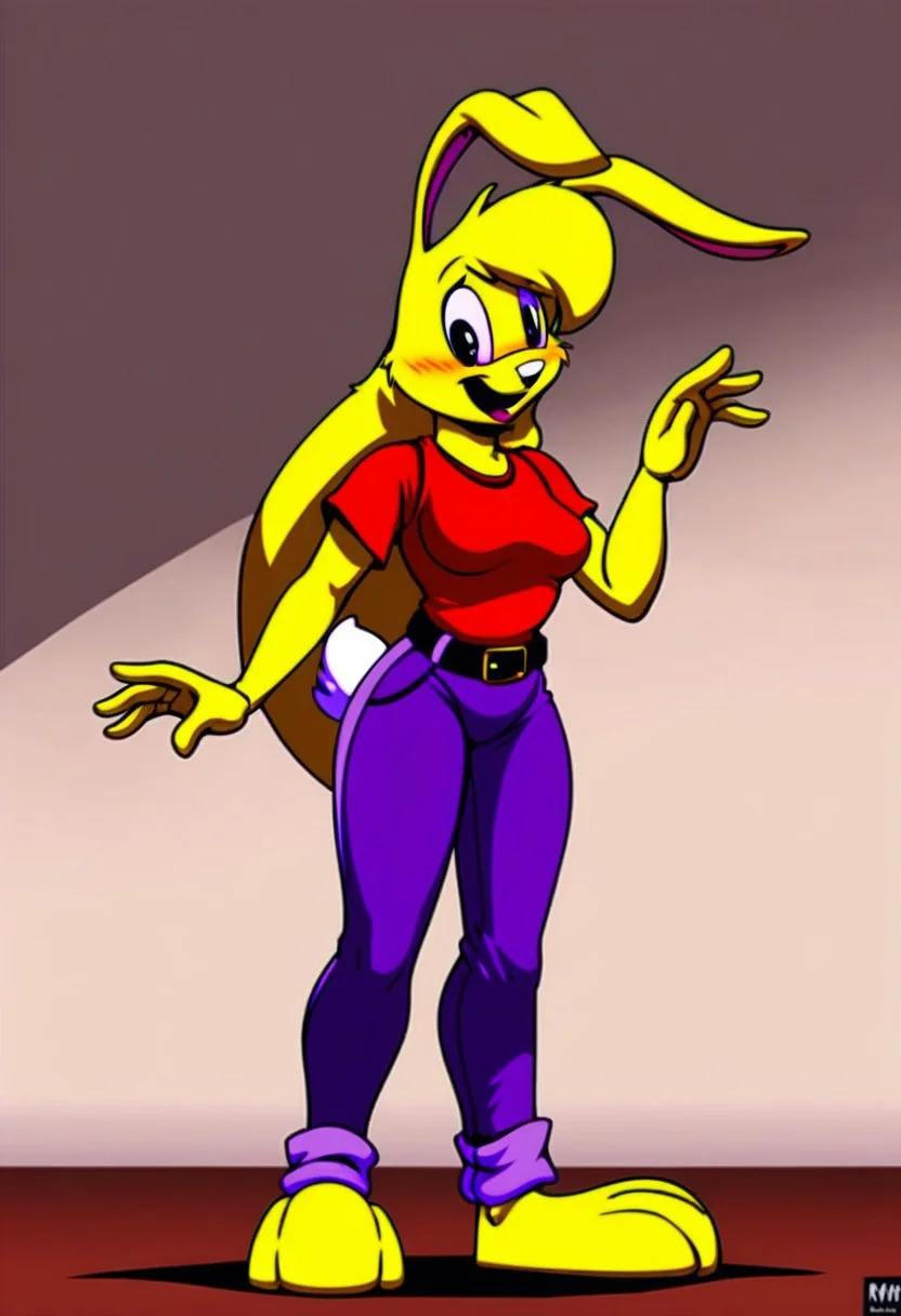 score_9, score_8_up, score_7_up, score_6_up, score_5_up, score_4_up, retro artstyle, BREAK
LoriJackRabbitPXL, rabbit girl,long yellow hair,yellow skin,1girl, solo,rabbit tail,yellow skin, animal ears, pants, black eyes, colored skin,rabbit ears,long yellow hair, belt, smile, shirt, black belt, open mouth, looking at viewer,rabbit girl,rabbit tail, full body, breasts, standing, furry female, blush, red shirt,purple pants, :d, indoors,barefoot,furry, midriff peek
<lora:lorijackrabbit-v1:0.9>
