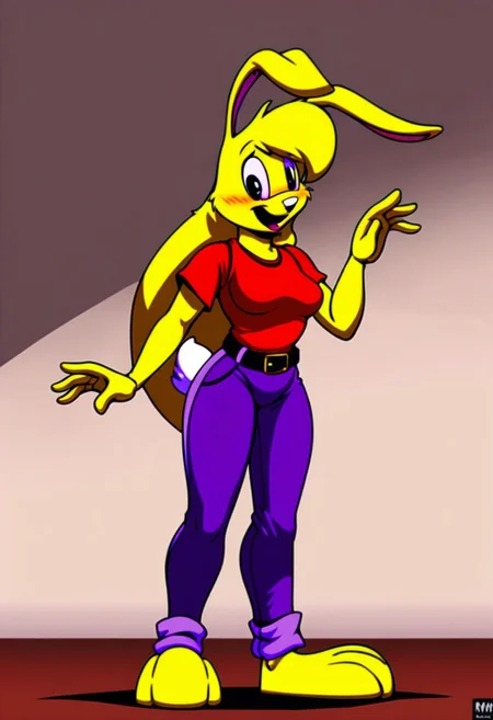 score_9, score_8_up, score_7_up, score_6_up, score_5_up, score_4_up, retro artstyle, BREAK
LoriJackRabbitPXL, rabbit girl,long yellow hair,yellow skin,1girl, solo,rabbit tail,yellow skin, animal ears, pants, black eyes, colored skin,rabbit ears,long yellow hair, belt, smile, shirt, black belt, open mouth, looking at viewer,rabbit girl,rabbit tail, full body, breasts, standing, furry female, blush, red shirt,purple pants, :d, indoors,barefoot,furry, midriff peek
<lora:lorijackrabbit-v1:0.9>