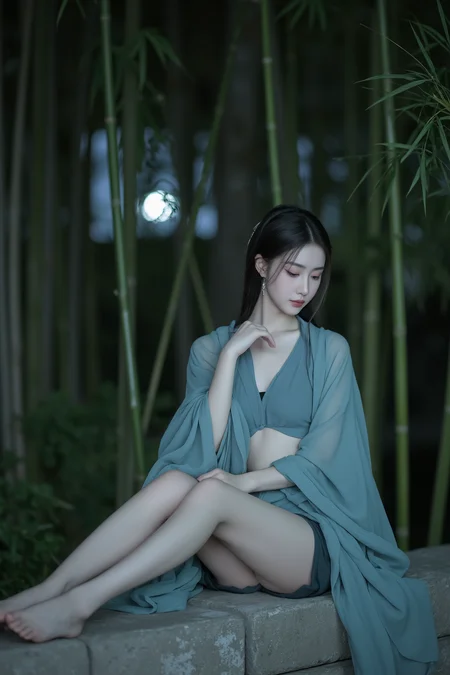 <lora:ã麦æ©éè¡£ãMajicflus:0.7>, qingyi, Under moonlight, a young woman quietly sits on a stone platform, wearing a short cyan hanfu with loose sleeves draping partially over her arms. The translucent fabric outlines her skin, with the skirt just reaching her knees, revealing her long legs. She lightly brushes the shawl on her shoulder, the background a serene bamboo grove with starlight filtering through the trees.âââ