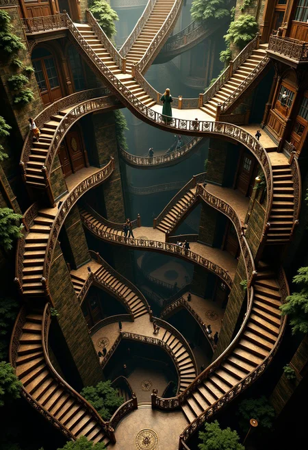A wrought iron sympunk staircase, shot from above at a diagonal angle, where several levels seem to fold into each other like an Escher drawing, with gravity-defying staircase segments twisting like a Mobius strip. The frame is filled from edge to edge with ornate metalwork that gradually transforms into living vines and mechanical clocks and watchmaking elements, creating impossible geometric patterns in the style of steam art nouveau that seem to breathe and move. Victorian era automatons in period dress rise and descend simultaneously on different planes of reality, their forms partially transparent and merging with the ironwork. Shot with a contrasting spotlight to maintain razor sharpness in all elements, while small pockets of space seem to rupture to reveal cosmic voids and clockwork mechanisms. Complex metalwork details stand against a deliberately underexposed background, where shadows take impossible shapes and distant staircases twist like Mobius strips into miniature parallel universes resembling Klein bottles. Light sources hanging from invisible points on the ceiling catch the light in physically impossible ways, creating prisms that divide reality into fractals. The composition maintains technical precision, while reality is revealed at its edges through baroque metal patterns that transform into mathematical sequences and runic symbols.