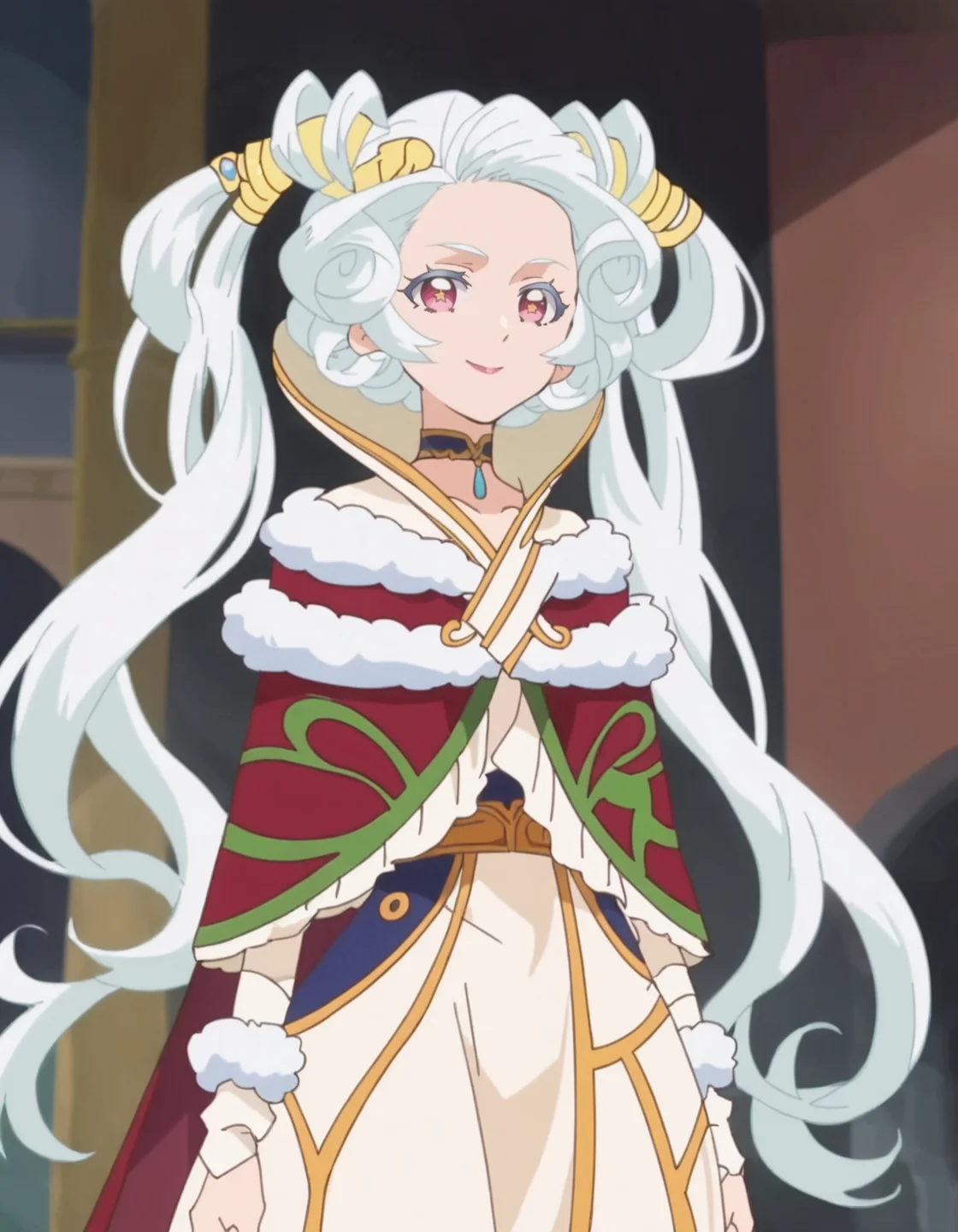 score_9, score_8_up, score_7_up, anime screencap, solo,1girl,sharon,white hair,dress, cape, looking at viewer, twintails, choker, fur trim,hair rings, jewelry,smile,medium breasts,cowboy shot, <lora:sharon_pony:0.8>