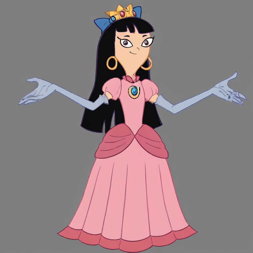 1girl, solo, Stacy, black hair, long hair, blunt bangs, purple hair bow, purple wrist bracelet, princess make up, p34ch3s-dress, cosplay, crown, blue earrings, jewelry, pink dress, elbow gloves, white gloves, Very long large floor length wide straight tulle long sleeved ball gown hoop skirt, ball gown hoop skirt, princess dress, hoopdress, white pearl necklace, long elbow length princess gloves, my big princess gypsy wedding dress, ballgown, a girl in a dress posing like a princess for a picture, looking at viewer, pretty eyes, she is posing, hands on hips