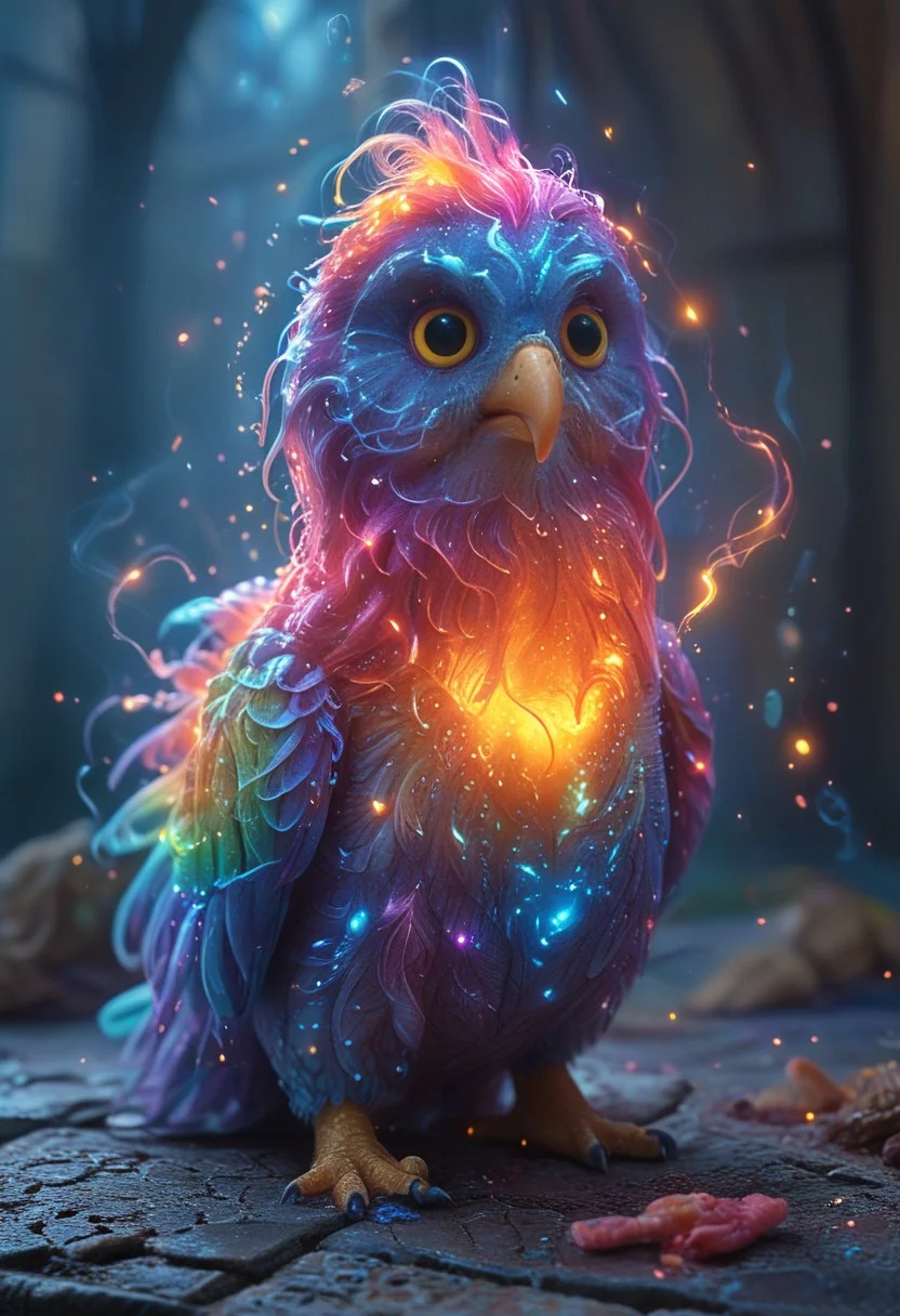 a cute chibby chicken mixed with a owl with big rainbow eyes made out of clay, it wears a cool rainbow bandana, very detailed, 4k, sharp, eating rainbow worms, novuschroma51 style, ((bioluminescent elements and magical light)), ethereal glowing swirls, mystical light particles, dreamy atmosphere, vibrant neon mist, twilight city street, hyper-detailed fabric texture, soft illuminated fog, cinematic soft lighting, glowing blue and magenta hues, fantasy realism, enchanted night