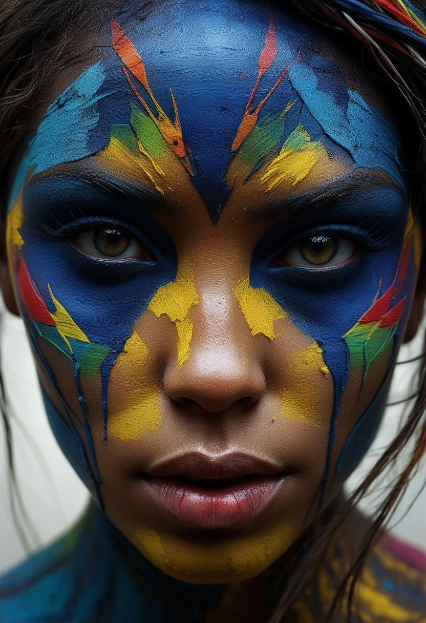 Close-up face, mysterious silhouette of an exotic coloured girl in worn down clothing, colourful war-paint over eyes only, goddess, alluring, by Minjae Lee, Carne Griffiths, Emily Kell, Steve McCurry, Geoffroy Thoorens, Aaron Horkey, Jordan Grimmer, Greg Rutkowski, amazing depth, double exposure, surreal, geometric patterns, intricately detailed, bokeh,  perfect balanced, deep fine borders, artistic photorealism , smooth,  great masterwork by Suiras  <lora:add-detail-xl:2>  <lora:Double_Exposure:0.5>