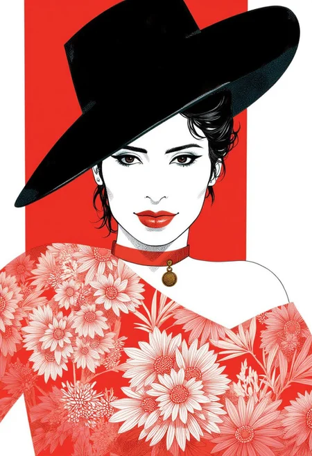 A portrait of a beautiful woman wearing black hat , illustration, Art by Sergio Toppi
