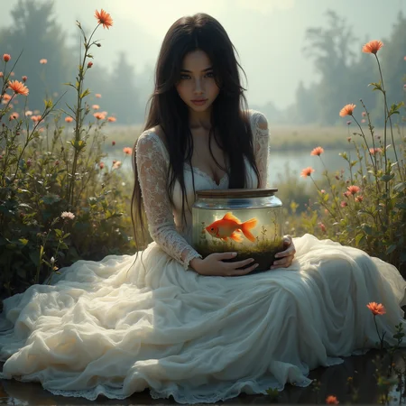 The image is a digital paint of a person sitting in lace wedding dress and holdint a tank with gold fish in a natural setting, likely a foggy marsh area. The individual is with long, dark hair that falls over her shoulders. she is seated on the ground, surrounded by marsh flowers foliage and small plants. The lighting is natural, casting soft shadows and highlighting the contours of the person's body. The overall mood of the image is serene and somewhat mysterious, with the person's pose and the surrounding environment contributing to a sense of tranquility and introspection.aidmaMJ6.1